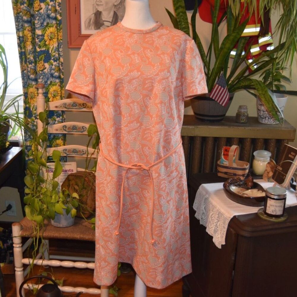 Vintage 1960s Mini Dress Shift Style Psychedelic Abstract Print Salmon Large